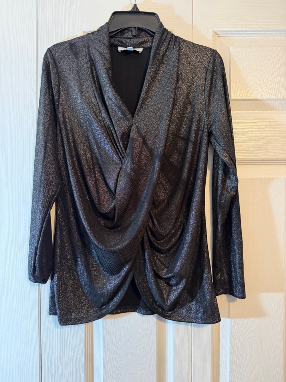 Metallic Black Drape Front Women's Top